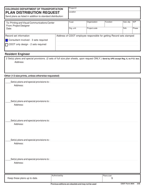 CDOT Form 644 Plan Distribution Request - Colorado