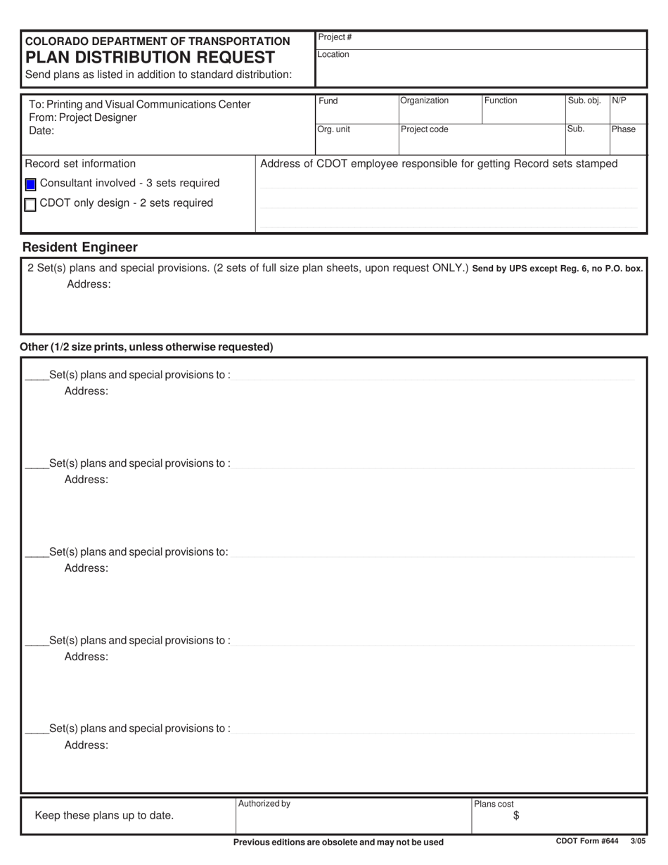 CDOT Form 644 Plan Distribution Request - Colorado, Page 1