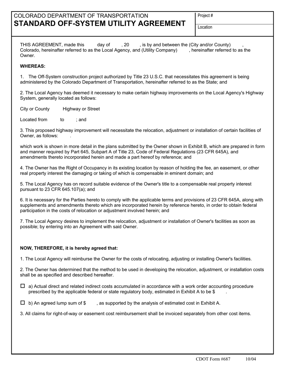 CDOT Form 687 Standard off-System Utility Agreement - Colorado, Page 1