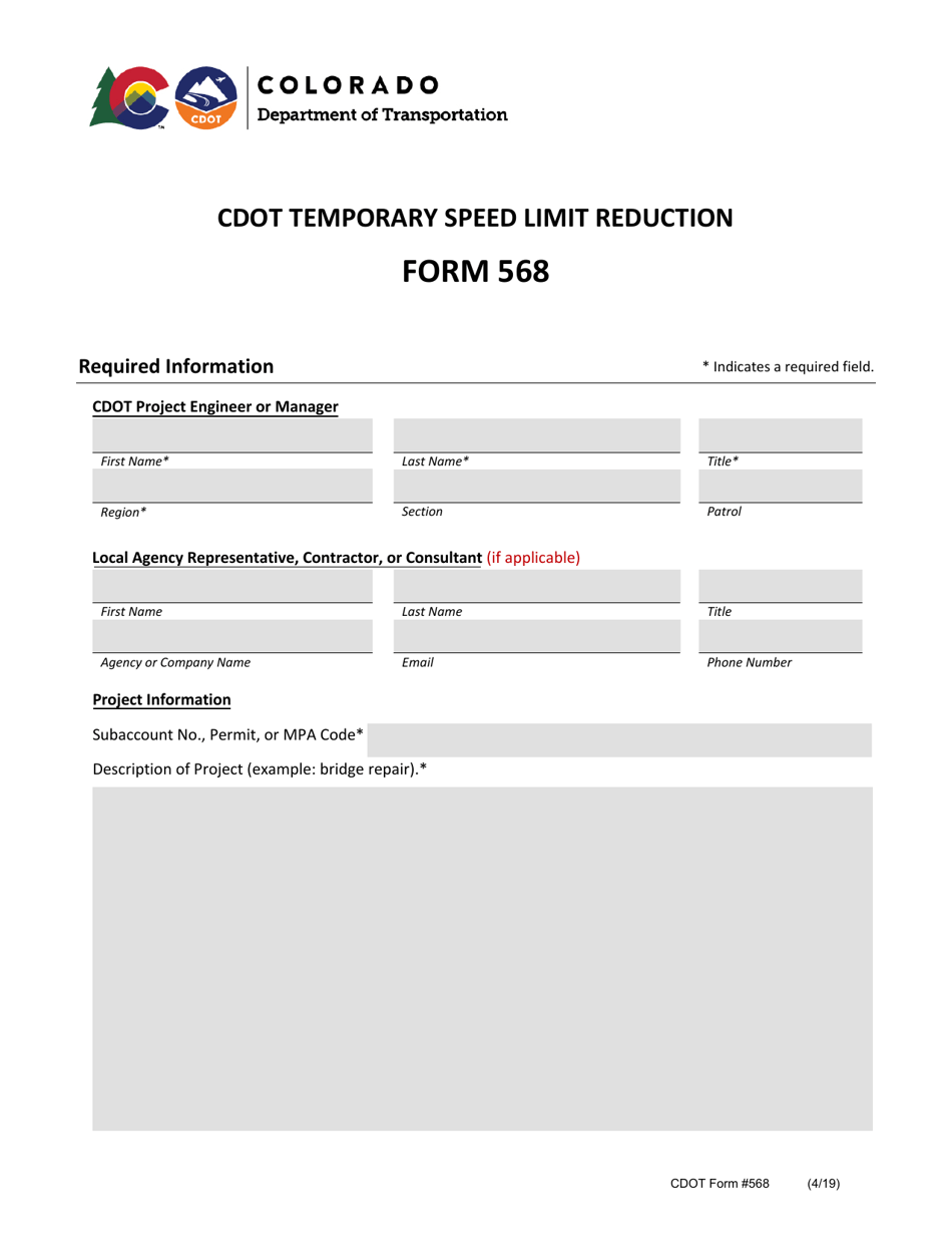 CDOT Form 568 CDOT Temporary Speed Limit Reduction - Colorado, Page 1