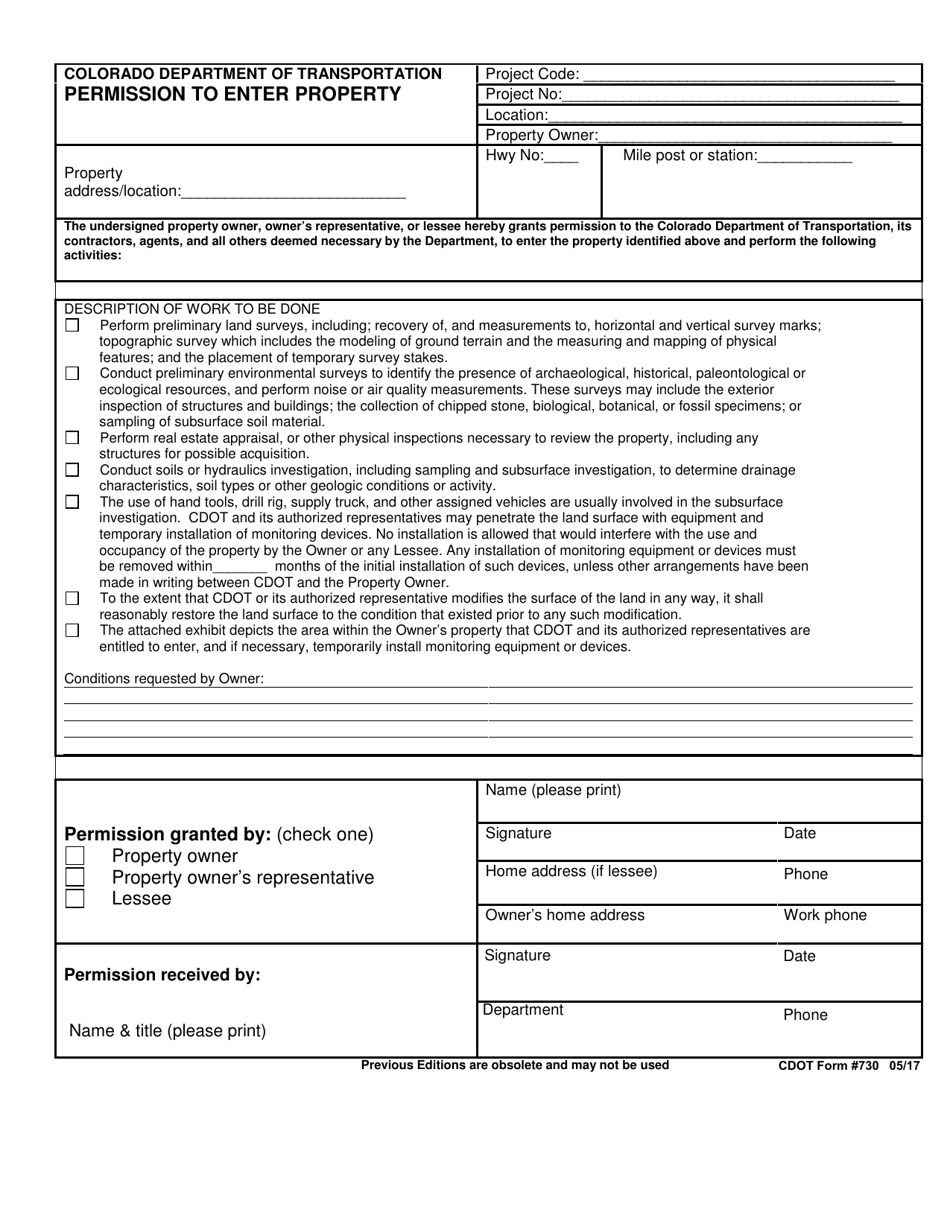 CDOT Form 730 Permission to Enter Property - Colorado, Page 1