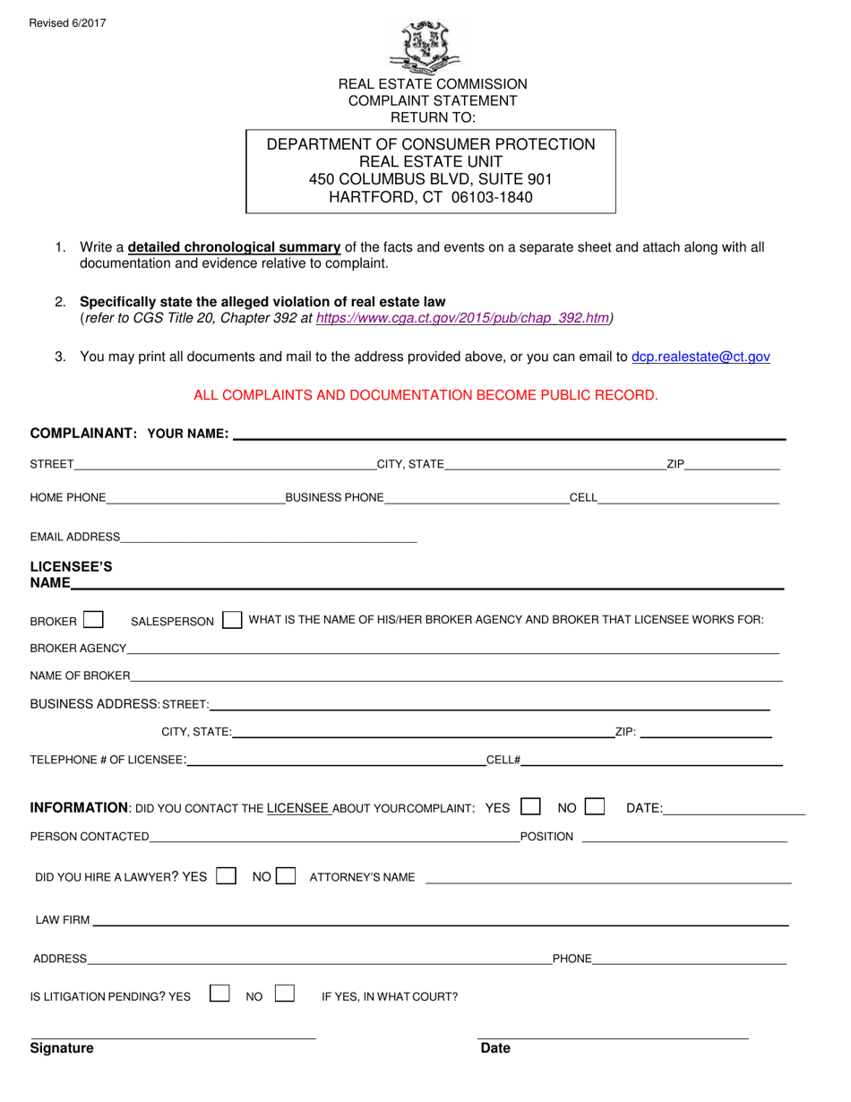 Connecticut Real Estate Complaint Form Fill Out, Sign Online and