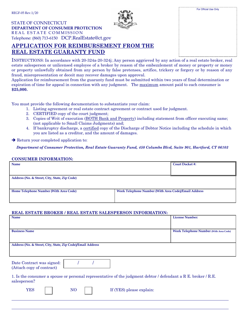 Form REGF-5 Application for Reimbursement From the Real Estate Guaranty Fund - Connecticut, Page 1