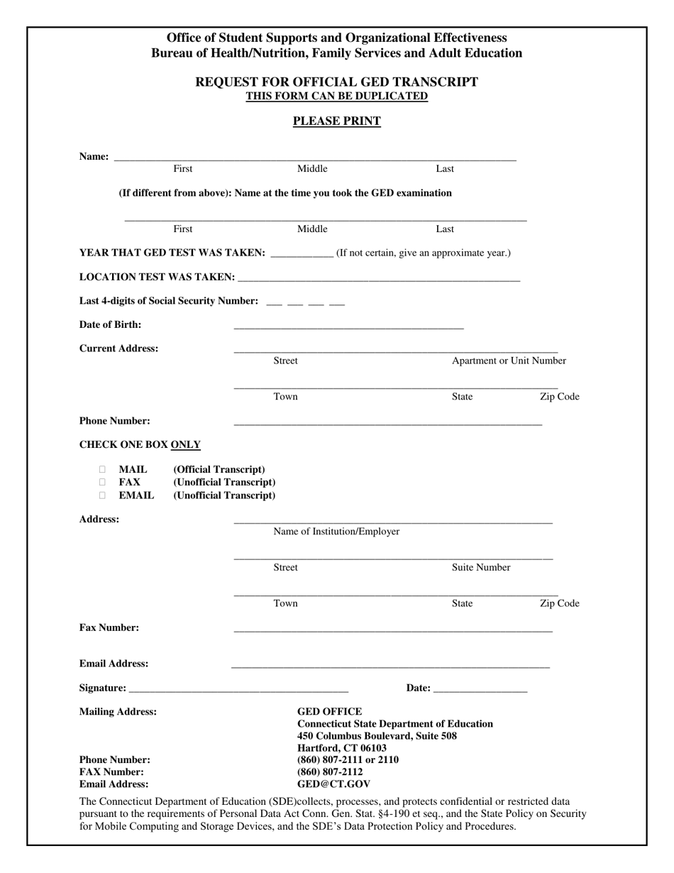 Request for Official Ged Transcript - Connecticut, Page 1