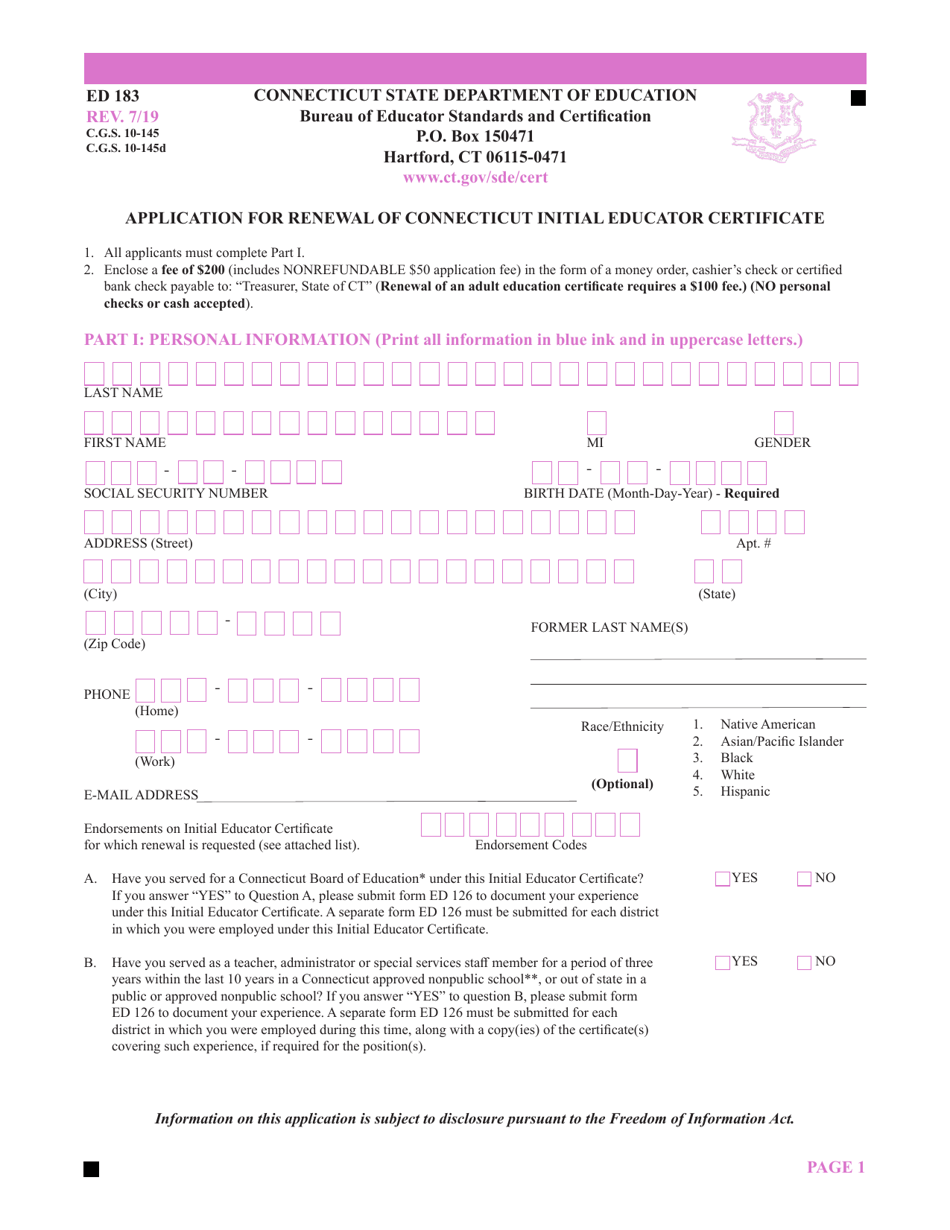 Form ED183 Application for Renewal of Connecticut Initial Educator Certificate - Connecticut, Page 1