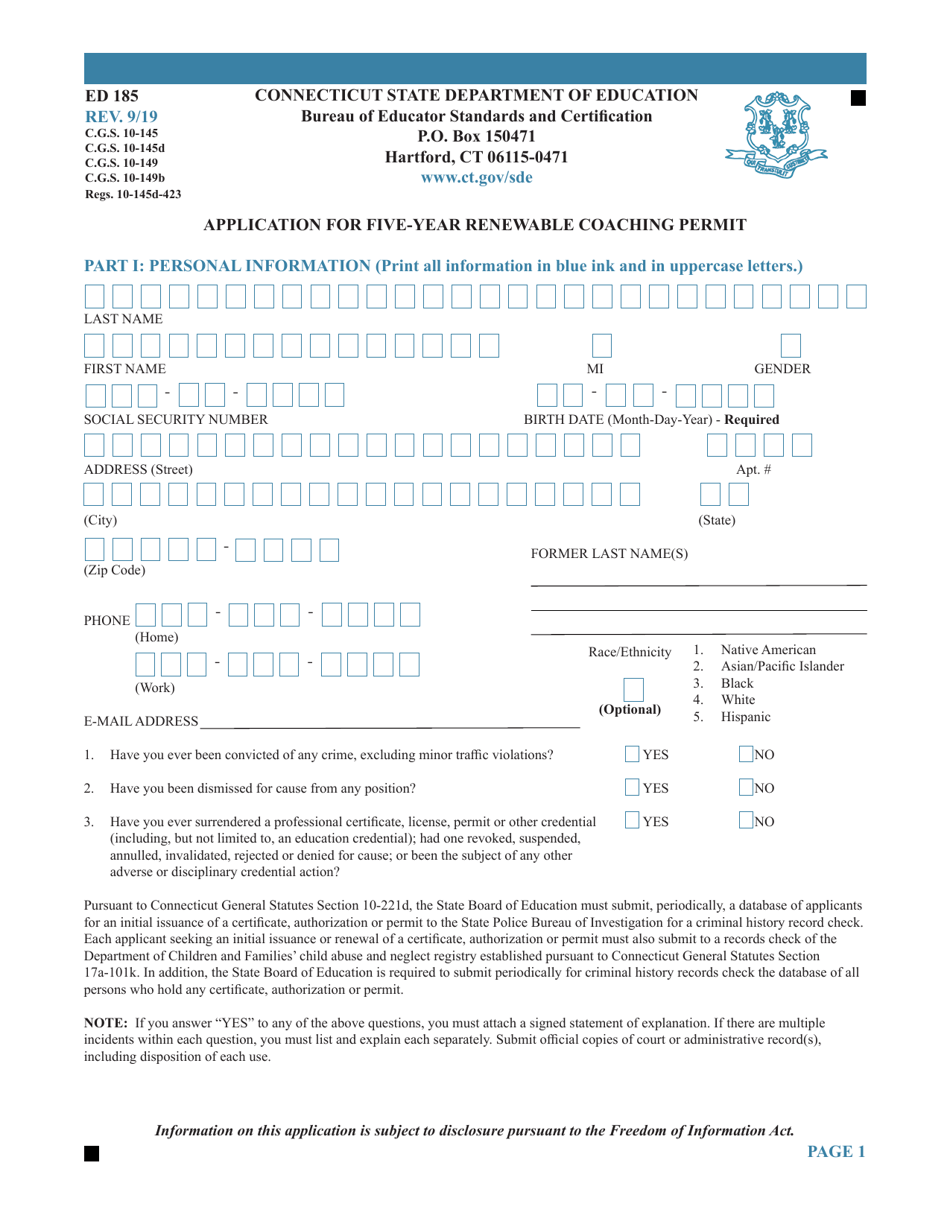 Form ED185 Application for Five-Year Renewable Coaching Permit - Connecticut, Page 1