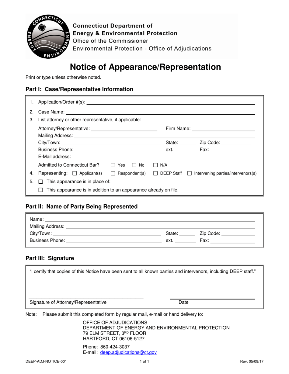 Form DEEP-ADJ-NOTICE-001 Notice of Appearance / Representation - Connecticut, Page 1