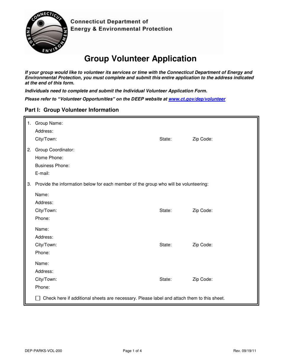 Form DEP-PARKS-VOL-200 Group Volunteer Application - Connecticut, Page 1