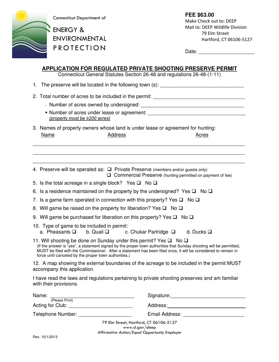 Application for Regulated Private Shooting Preserve Permit - Connecticut, Page 1