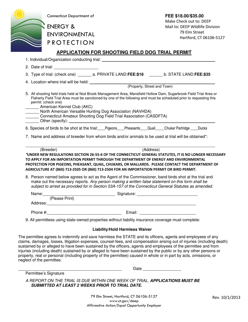 Connecticut Application for Shooting Field Dog Trial Permit Fill Out