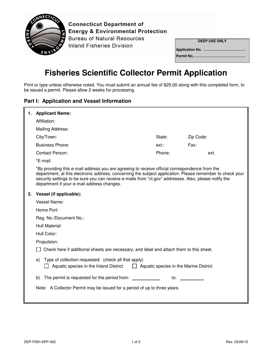 Form DEP-FISH-APP-002 Fisheries Scientific Collector Permit Application - Connecticut, Page 1