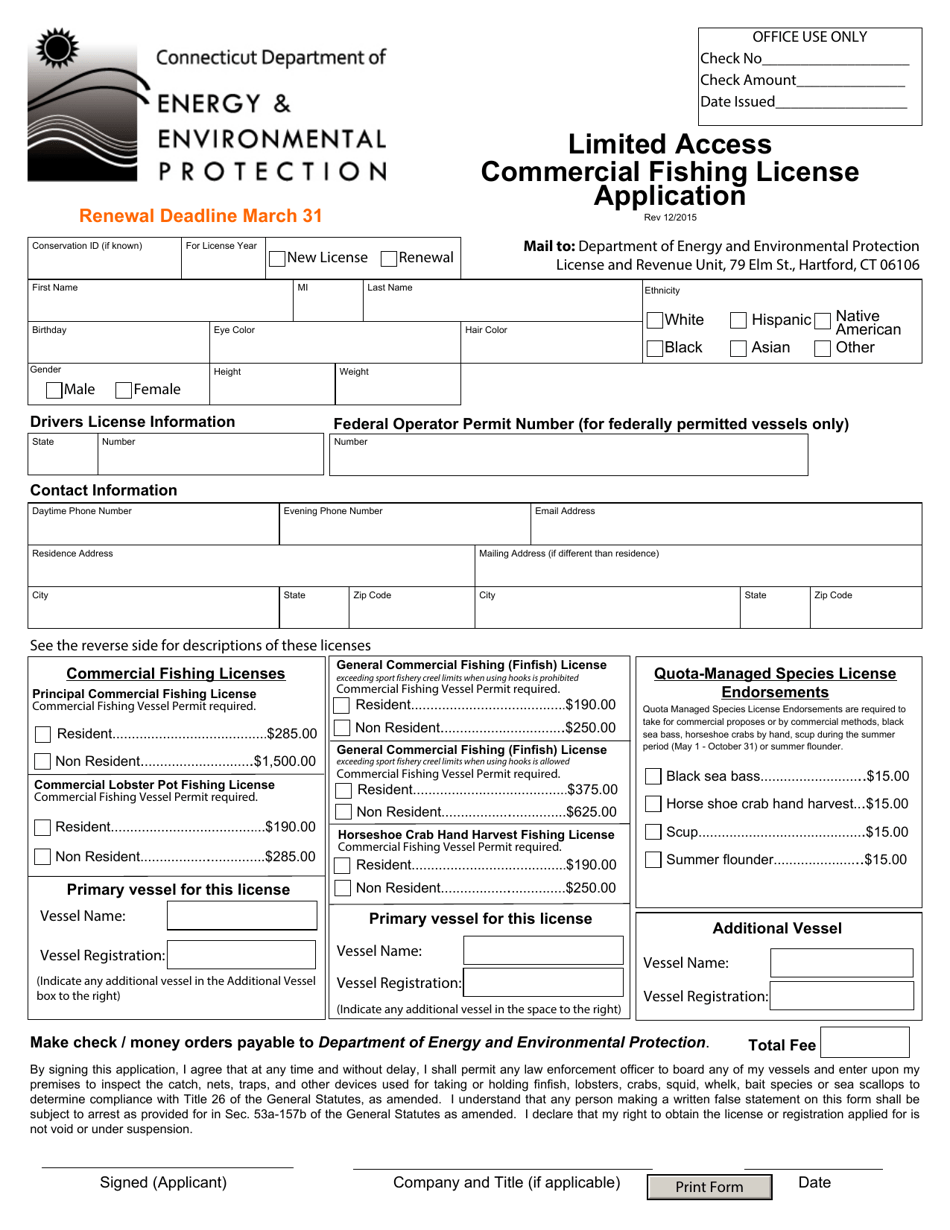 Limited Access Commercial Fishing License Application - Connecticut, Page 1