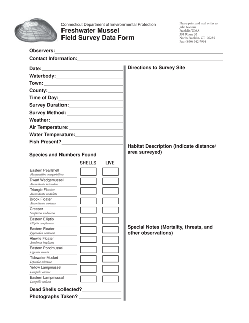 Freshwater Mussel Field Survey Data Form - Connecticut Download Pdf