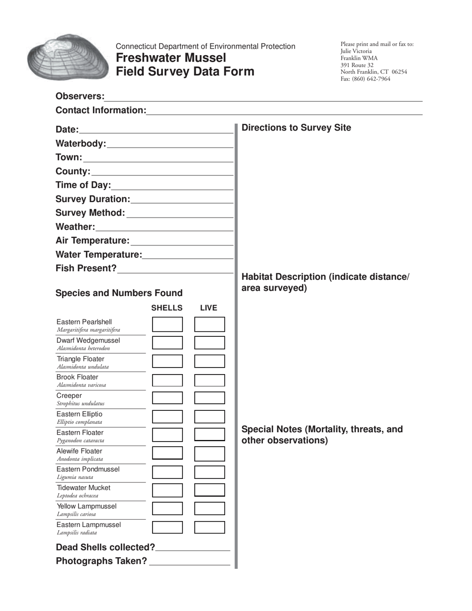 Freshwater Mussel Field Survey Data Form - Connecticut, Page 1