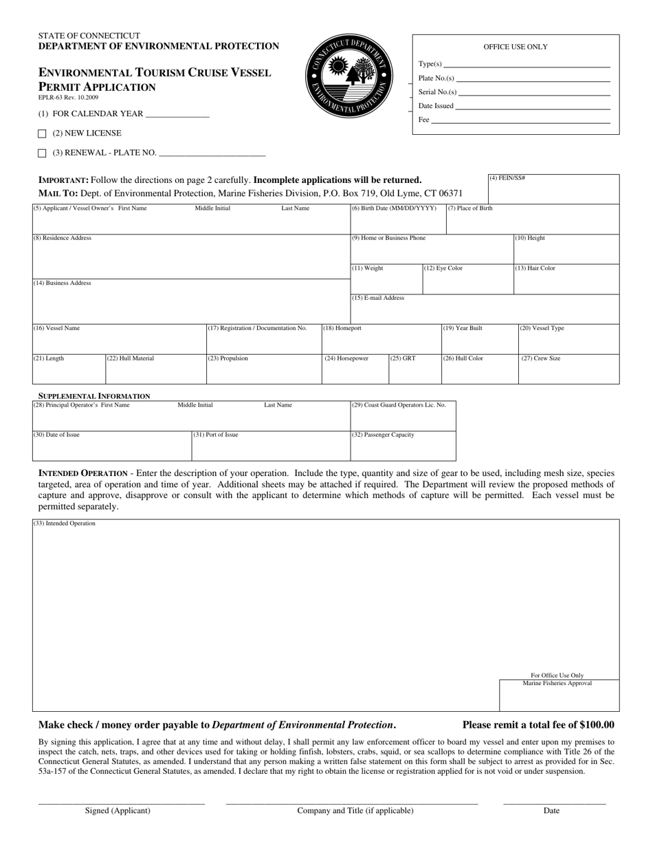 Form EPLR-63 Environmental Tourism Cruise Vessel Permit Application - Connecticut, Page 1