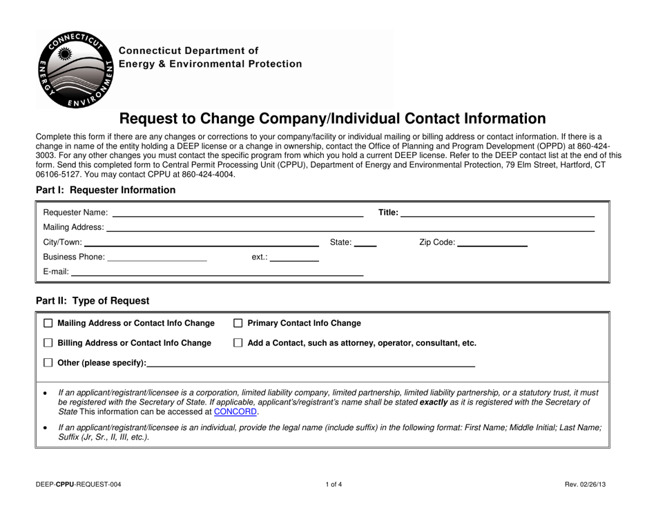 Form DEEP-CPPU-REQUEST-004 Request to Change Company / Individual Contact Information - Connecticut, Page 1