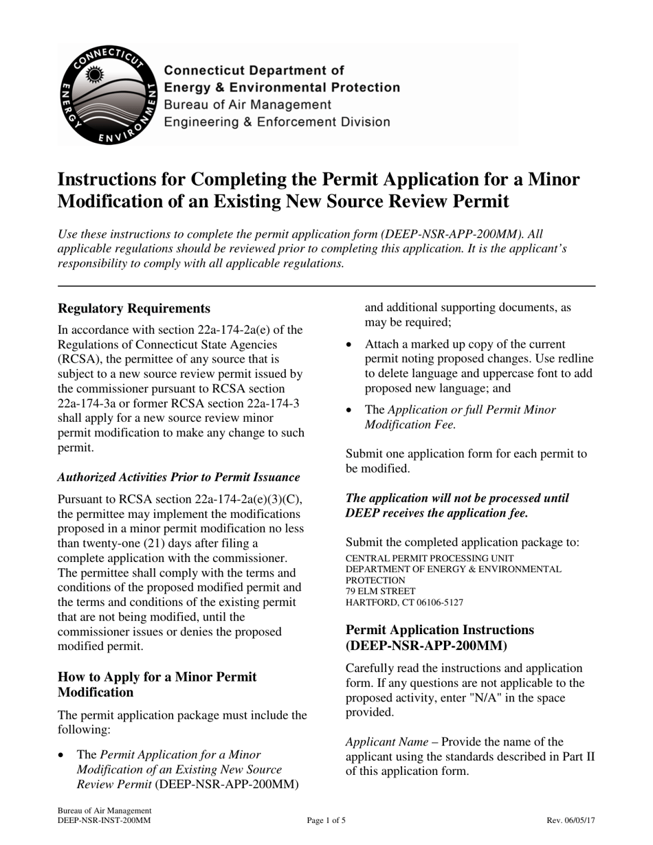 Instructions for Form DEEP-NSR-APP-200MM Minor Modification Application for an Existing New Source Review Permit - Connecticut, Page 1