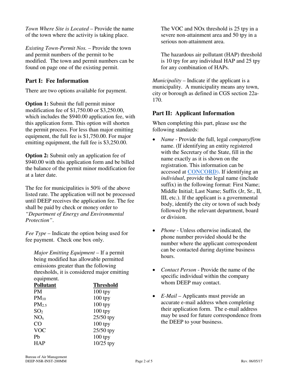 Instructions for Form DEEP-NSR-APP-200MM Minor Modification Application for an Existing New Source Review Permit - Connecticut, Page 2