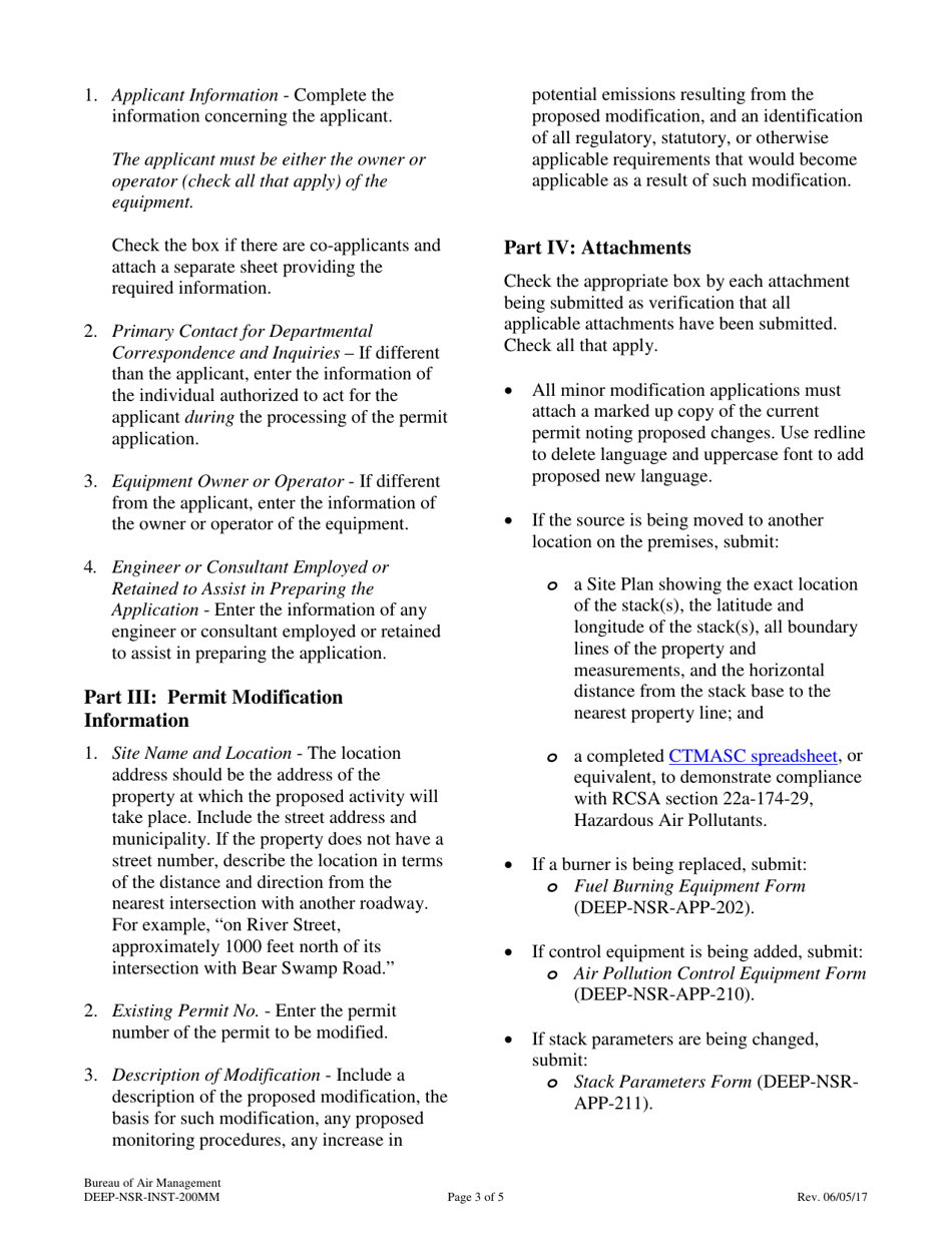 Instructions for Form DEEP-NSR-APP-200MM Minor Modification Application for an Existing New Source Review Permit - Connecticut, Page 3
