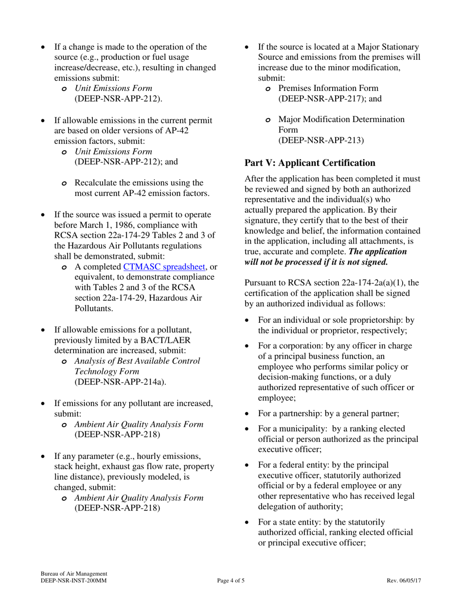 Instructions for Form DEEP-NSR-APP-200MM Minor Modification Application for an Existing New Source Review Permit - Connecticut, Page 4