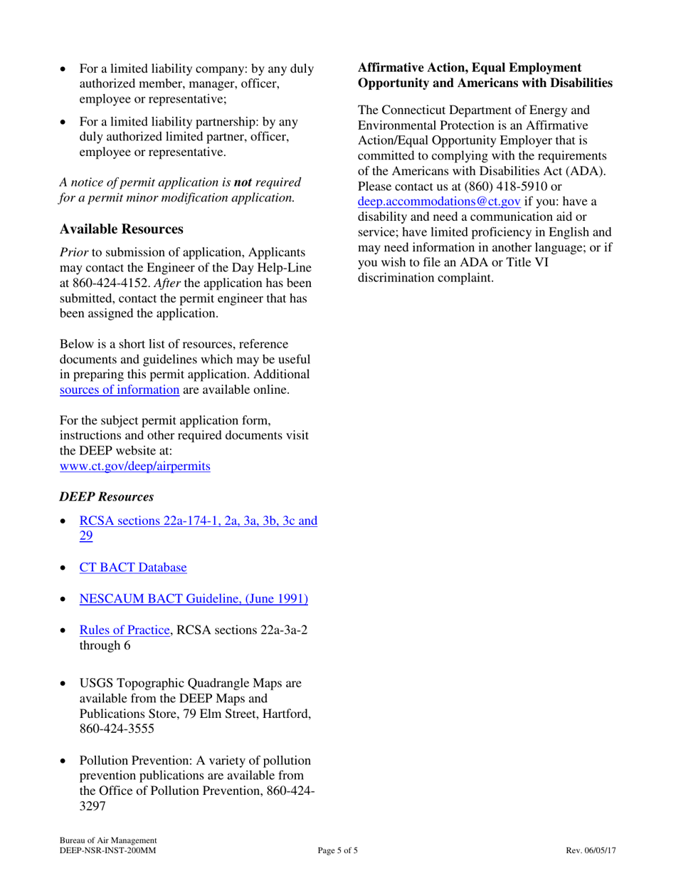 Instructions for Form DEEP-NSR-APP-200MM Minor Modification Application for an Existing New Source Review Permit - Connecticut, Page 5
