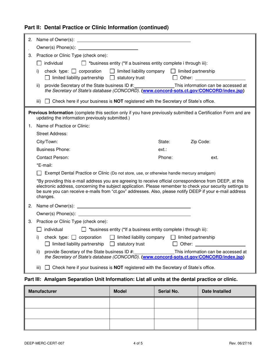 Form DEEP-MERC-CERT-007 Certification Statement Form for Dental Practices or Clinics Concerning the Management of Mercury Amalgam - Connecticut, Page 4