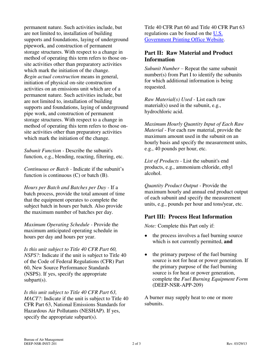 Instructions for Form DEEP-NSR-APP-201 Attachment E201 Manufacturing or Processing Operations Supplemental Application Form - Connecticut, Page 2