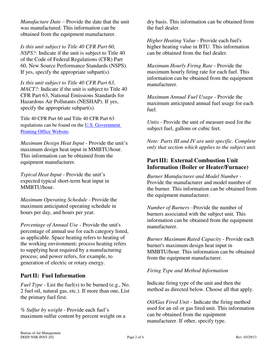 Instructions for Form DEEP-NSR-APP-202 Attachment E202 Fuel Burning Equipment Supplemental Application Form - Connecticut, Page 2