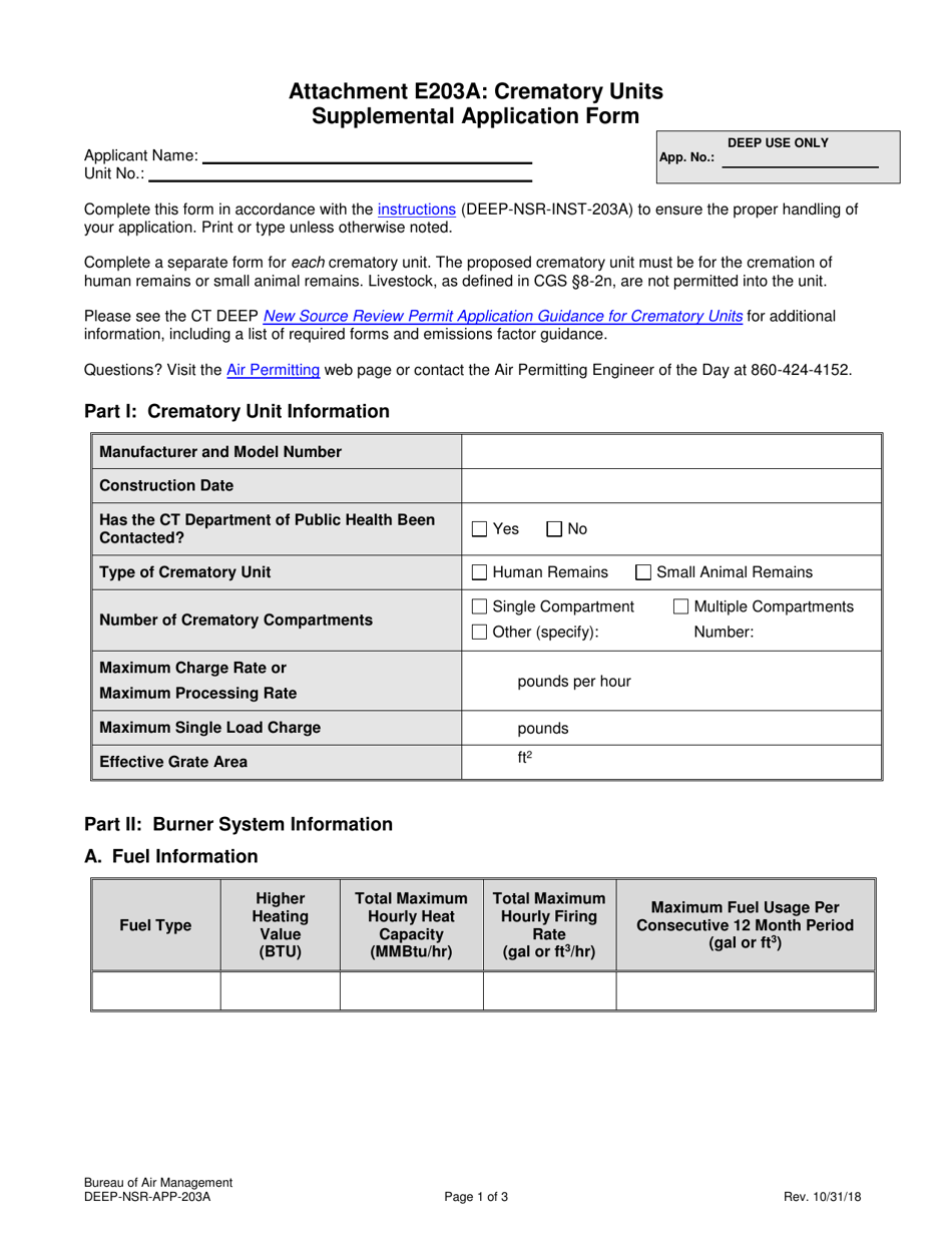 Form DEEP-NSR-APP-203A Attachment E203A Crematory Units Supplemental Application Form - Connecticut, Page 1