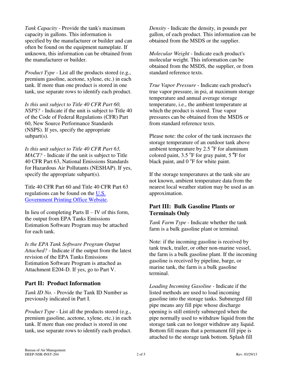Instructions for Form DEEP-NSR-APP-204 Attachment E204 Volatile Liquid Storage Supplemental Application Form - Connecticut, Page 2