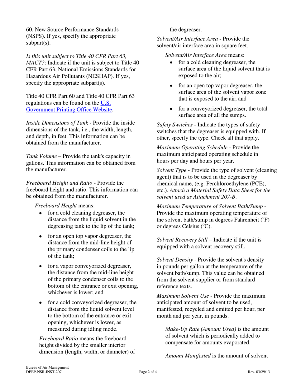 Instructions for Form DEEP-NSR-APP-207 Attachment E207 Metal Cleaning Degreasers Supplemental Application Form - Connecticut, Page 2