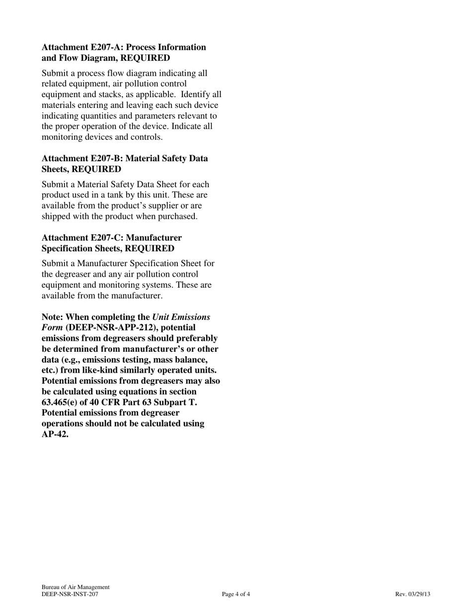 Instructions for Form DEEP-NSR-APP-207 Attachment E207 Metal Cleaning Degreasers Supplemental Application Form - Connecticut, Page 4