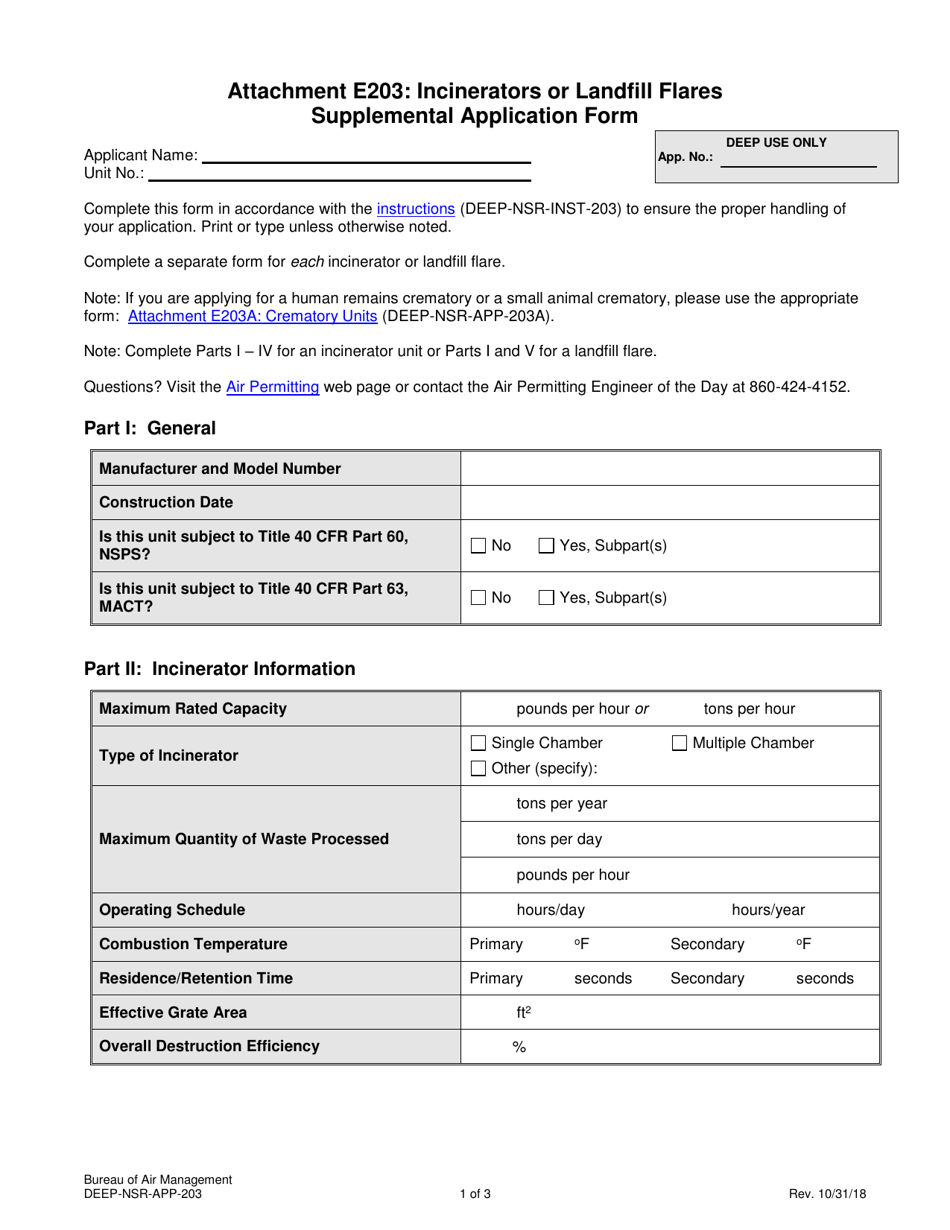 Form DEEP-NSR-APP-203 Attachment E203 Incinerators or Landfill Flares Supplemental Application Form - Connecticut, Page 1