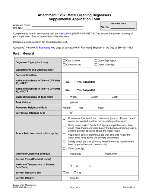 Form DEEP-NSR-APP-207 Attachment E207 Metal Cleaning Degreasers Supplemental Application Form - Connecticut