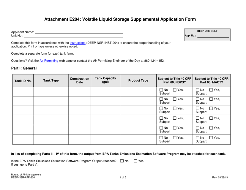 Form DEEP-NSR-APP-204 Attachment E204 Volatile Liquid Storage Supplemental Application Form - Connecticut
