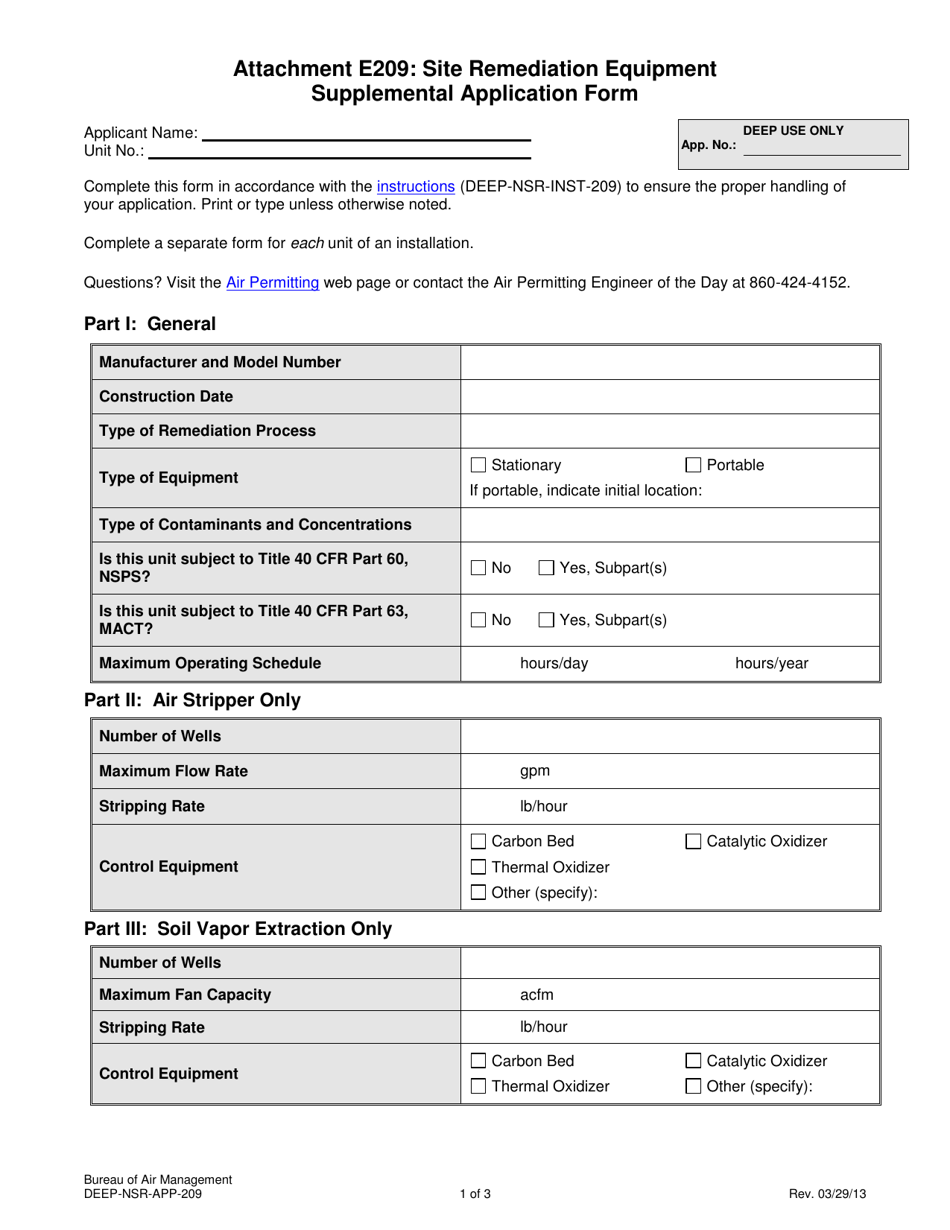 Form DEEP-NSR-APP-209 Attachment E209 Site Remediation Equipment Supplemental Application Form - Connecticut, Page 1