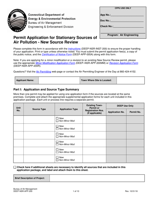 Form DEEP-NSR-APP-200 Permit Application for Stationary Sources of Air Pollution - New Source Review - Connecticut