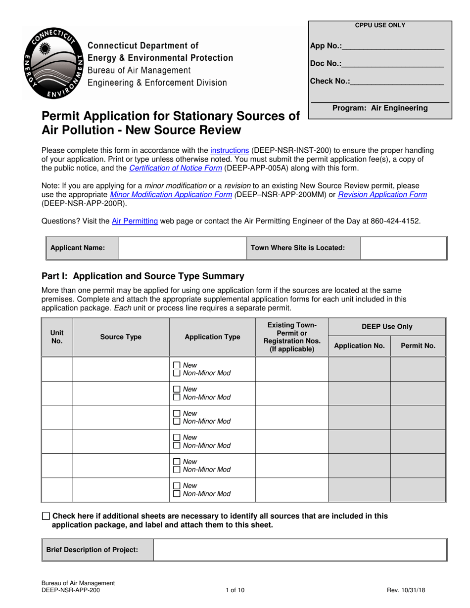 Form DEEP-NSR-APP-200 Permit Application for Stationary Sources of Air Pollution - New Source Review - Connecticut, Page 1