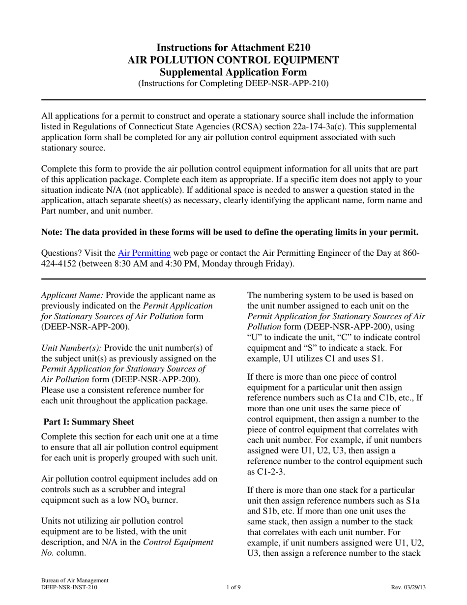 Instructions for Attachment E210 Air Pollution Control Equipment Supplemental Application Form - Connecticut, Page 1