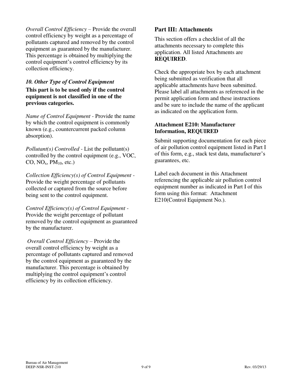 Instructions for Attachment E210 Air Pollution Control Equipment Supplemental Application Form - Connecticut, Page 9
