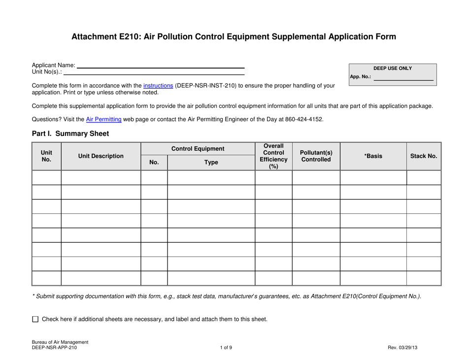Form DEEP-NSR-APP-210 Attachment E210 Air Pollution Control Equipment Supplemental Application Form - Connecticut, Page 1