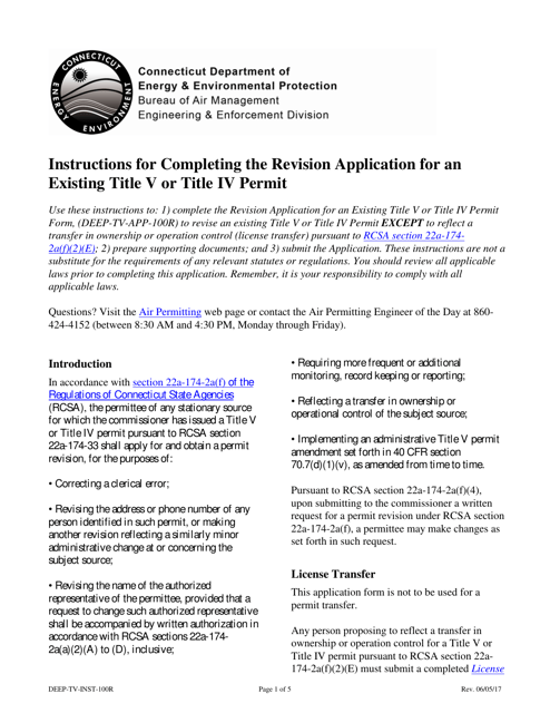 Instructions for Form DEEP-TV-APP-100R Revision Application for an Existing Title V or Title IV Permit - Connecticut