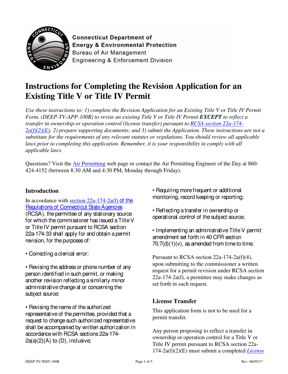 Instructions for Form DEEP-TV-APP-100R Revision Application for an Existing Title V or Title IV Permit - Connecticut, Page 1