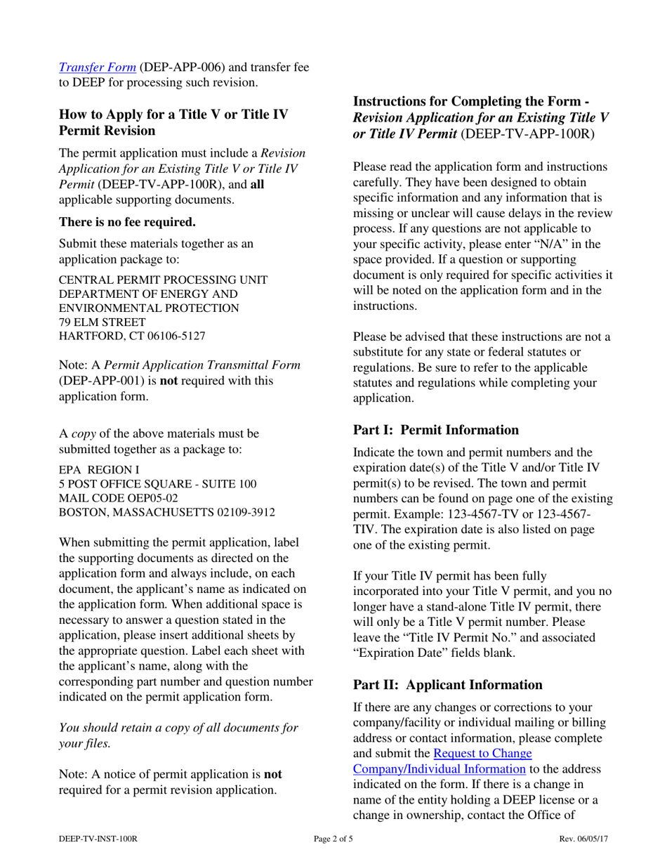 Instructions for Form DEEP-TV-APP-100R Revision Application for an Existing Title V or Title IV Permit - Connecticut, Page 2