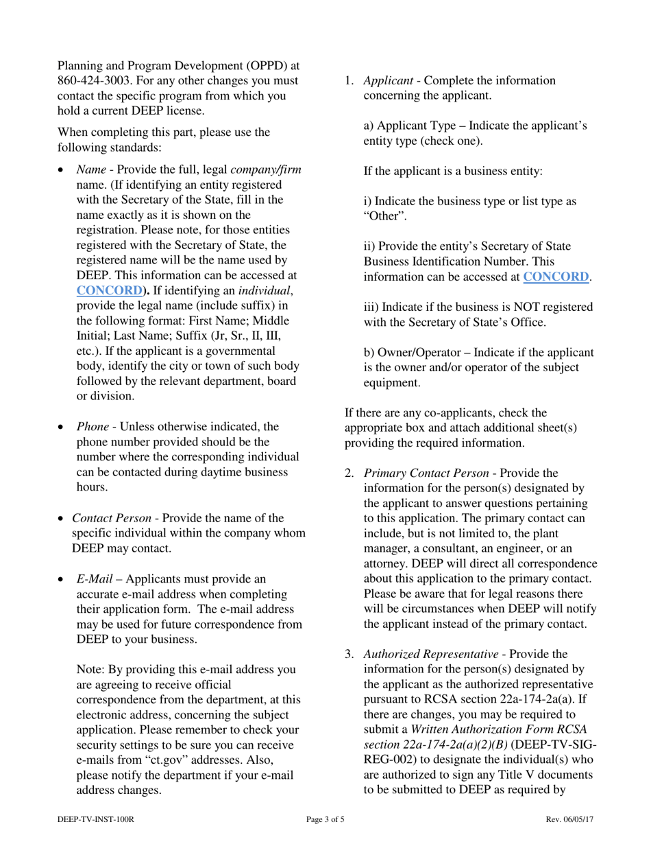 Instructions for Form DEEP-TV-APP-100R Revision Application for an Existing Title V or Title IV Permit - Connecticut, Page 3