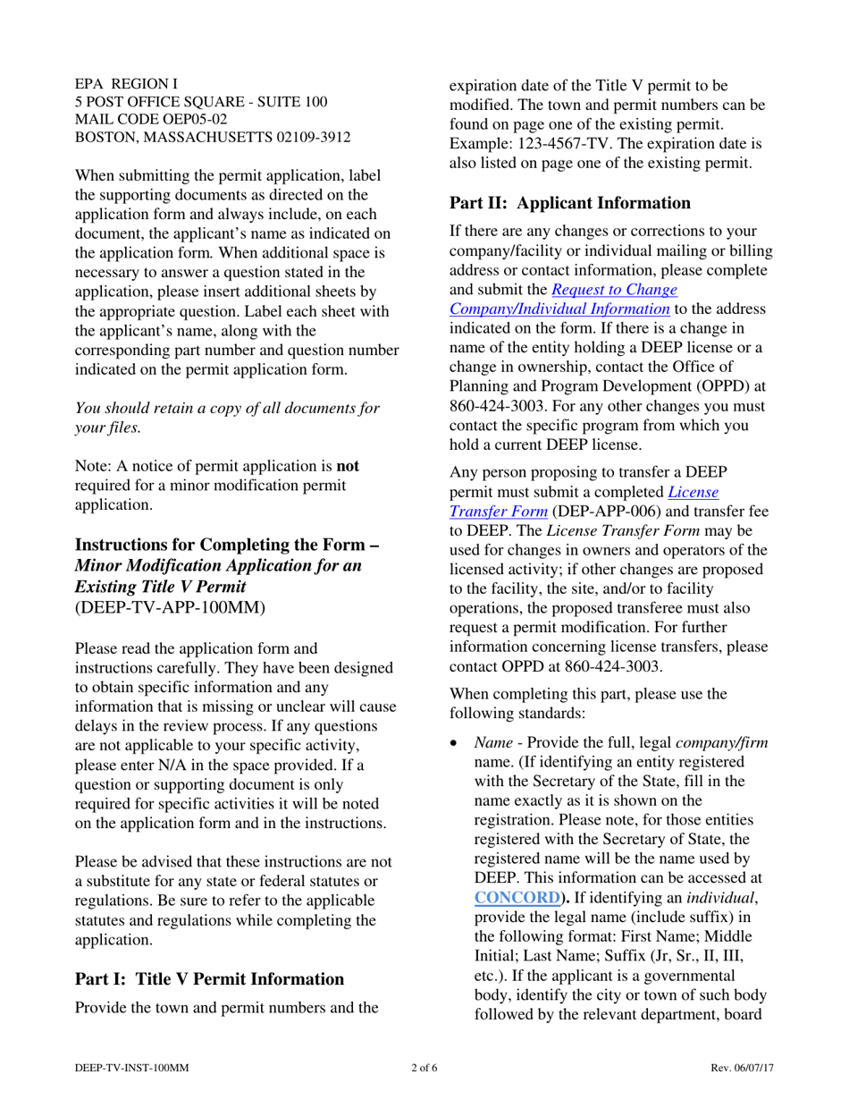 Instructions for Form DEEP-TV-APP-100MM Minor Modification Application for an Existing Title V Permit - Connecticut, Page 2