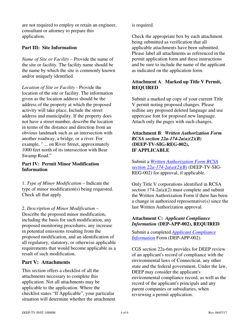 Instructions for Form DEEP-TV-APP-100MM Minor Modification Application for an Existing Title V Permit - Connecticut, Page 4