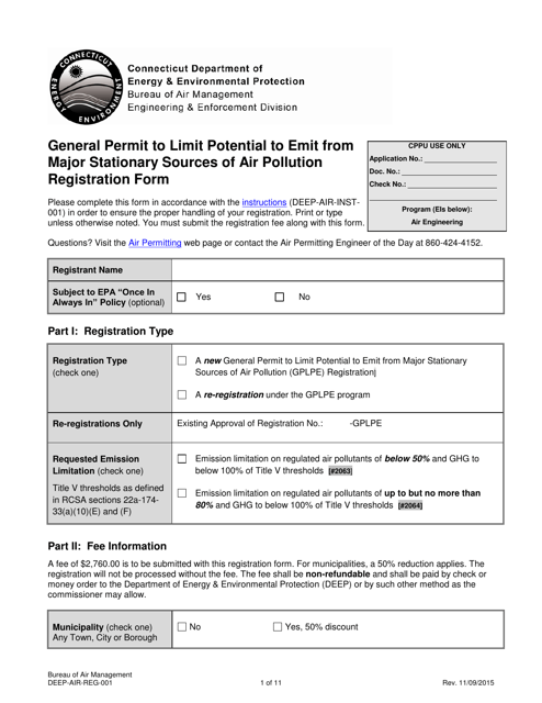 Form DEEP-AIR-REG-001 General Permit to Limit Potential to Emit From Major Stationary Sources of Air Pollution Registration Form - Connecticut