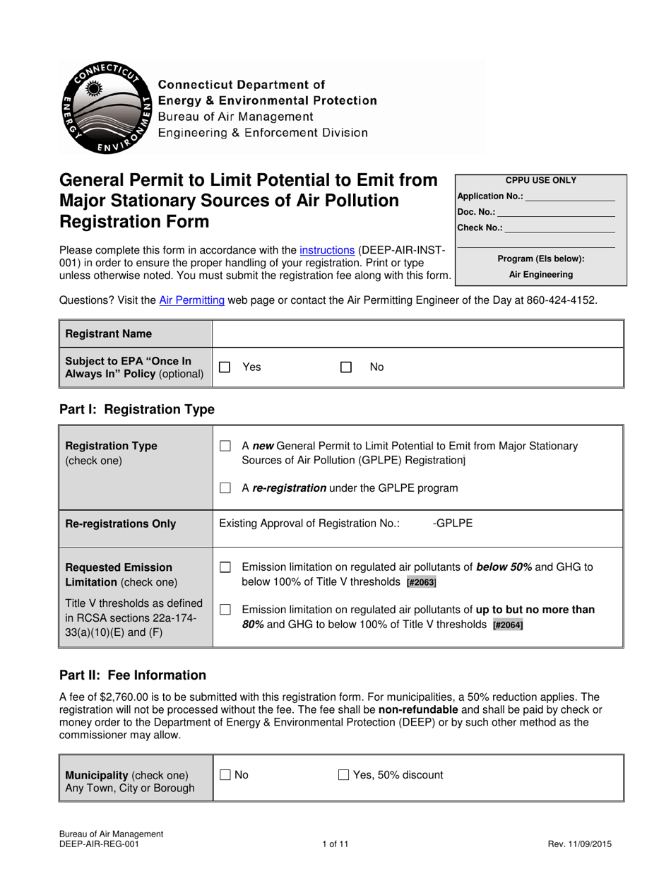Form DEEP-AIR-REG-001 General Permit to Limit Potential to Emit From Major Stationary Sources of Air Pollution Registration Form - Connecticut, Page 1