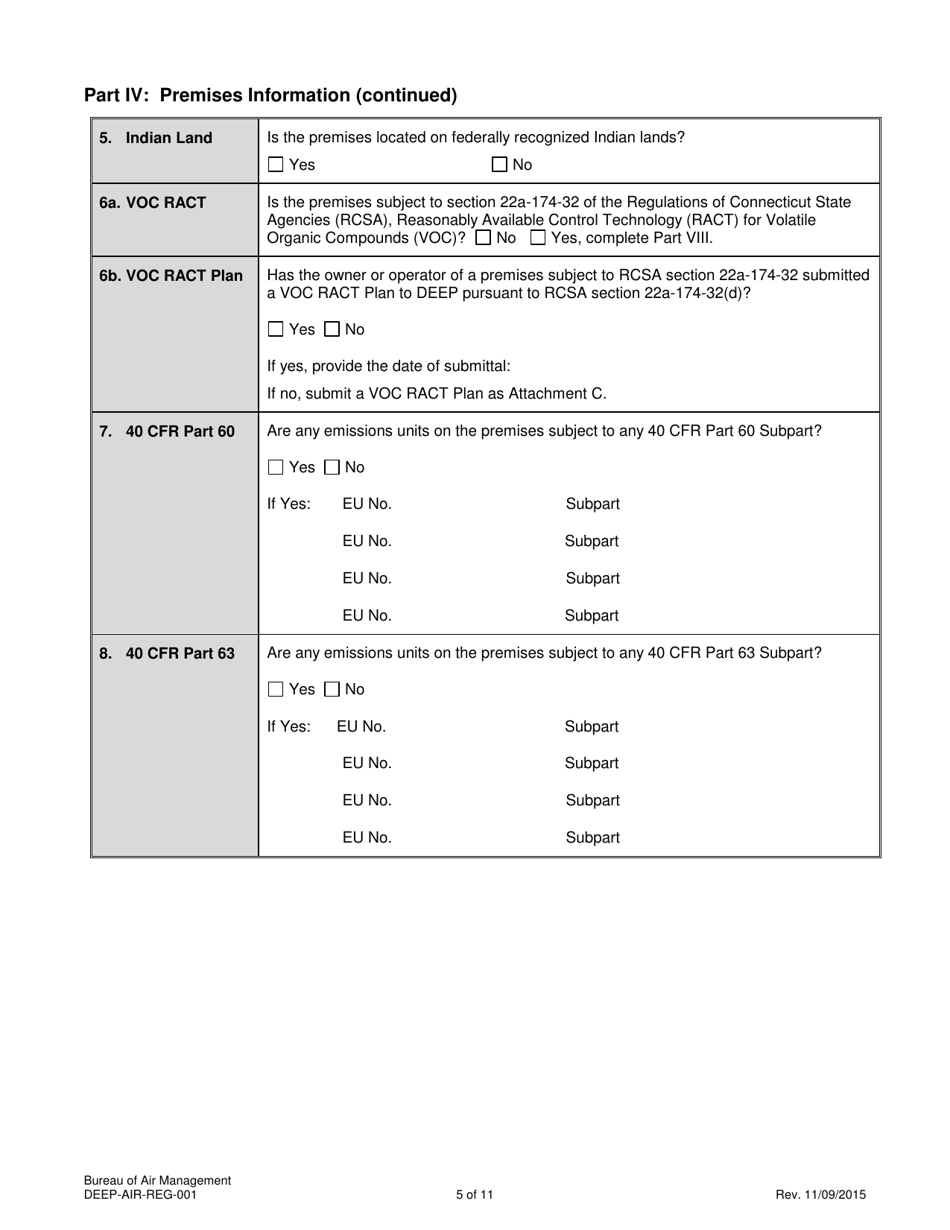 Form DEEP-AIR-REG-001 General Permit to Limit Potential to Emit From Major Stationary Sources of Air Pollution Registration Form - Connecticut, Page 5